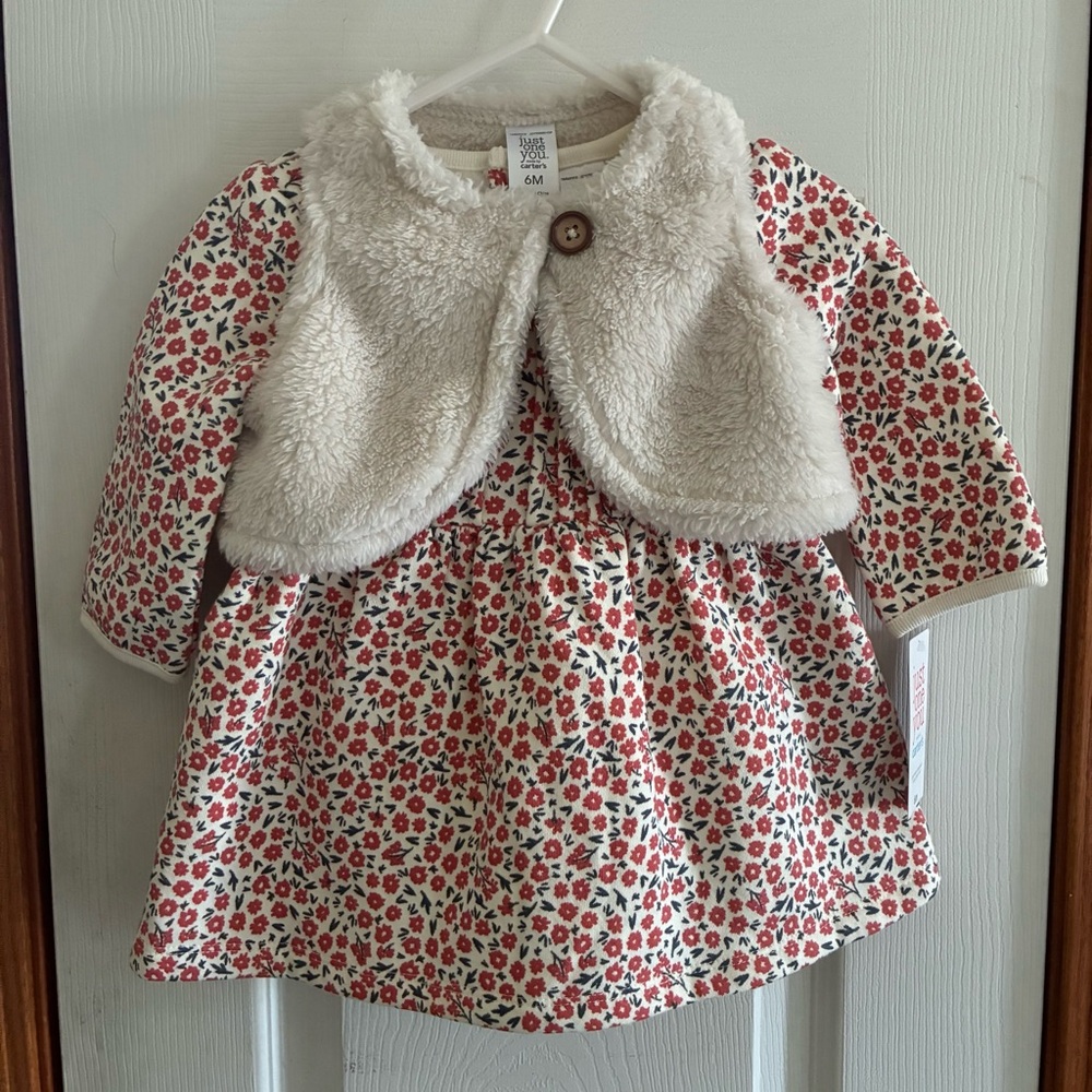 Carter’s 6 month 3 piece Floral Dress with Cream Faux Fur Vest and Panties